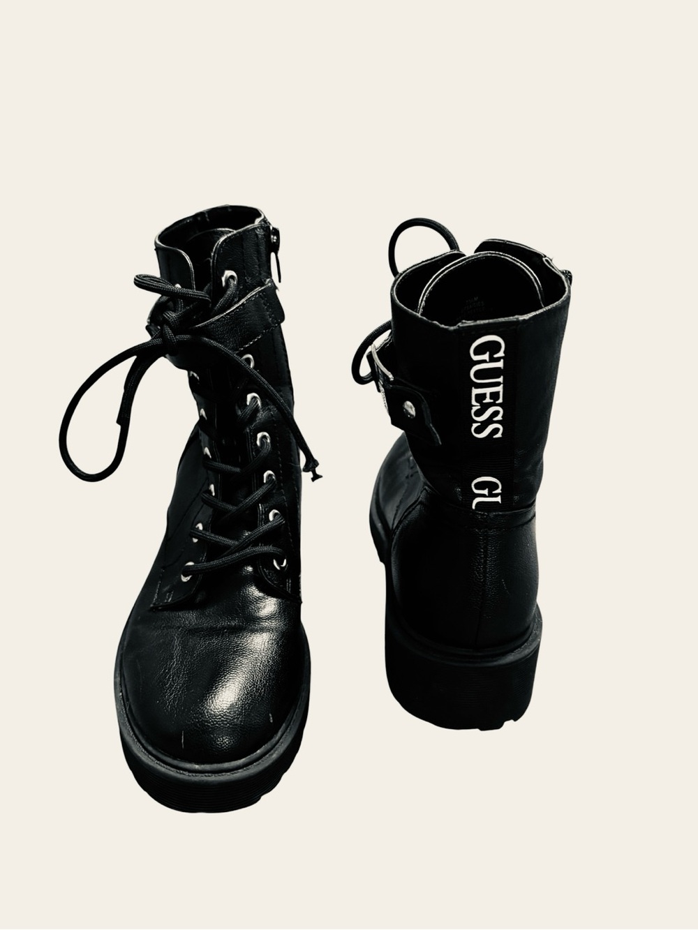 GUESS Black Combat Boots Women’s 7.5 Lace Up Lug Sole Logo Zip Ankle Boots